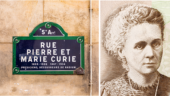 Marie Curie as she was immortalized on a Polish bill and in a street named after her in France.