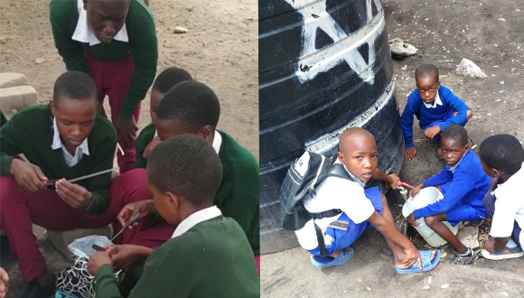 Left: local Scouts learning the new system. Left: children from the school using it to get clean water.